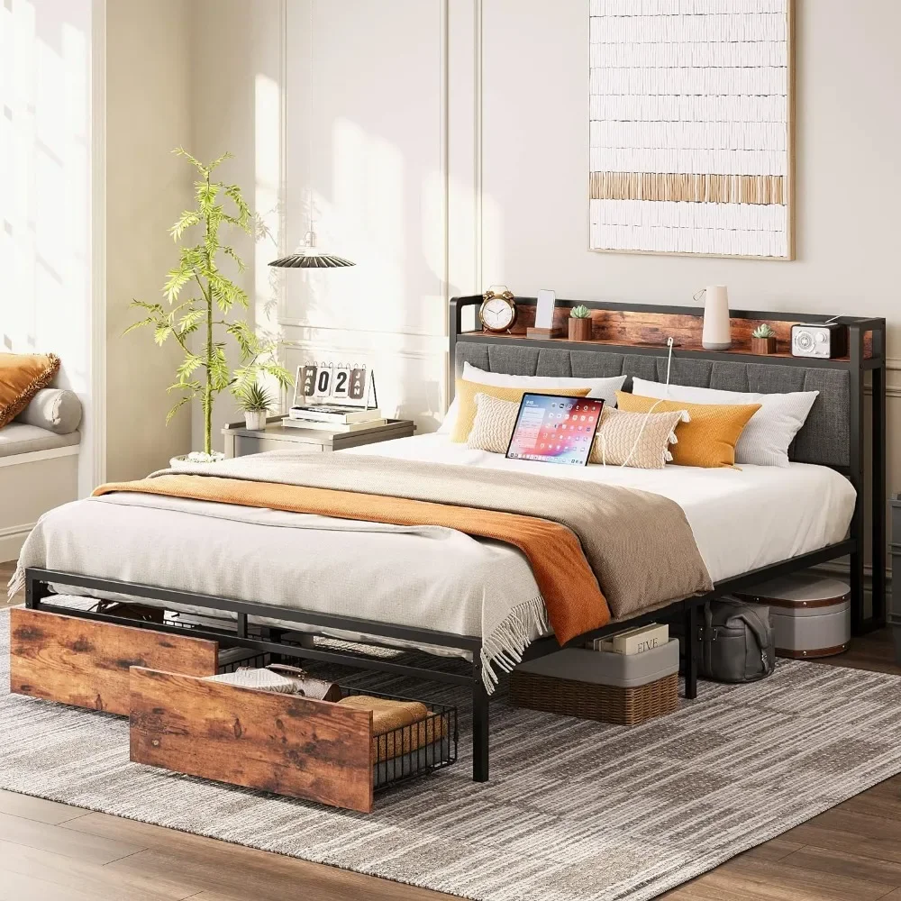 Classic Metal Platform Bed,Storage Headboard with Charging Station, Platform Bed with Drawers, No Box Spring Needed