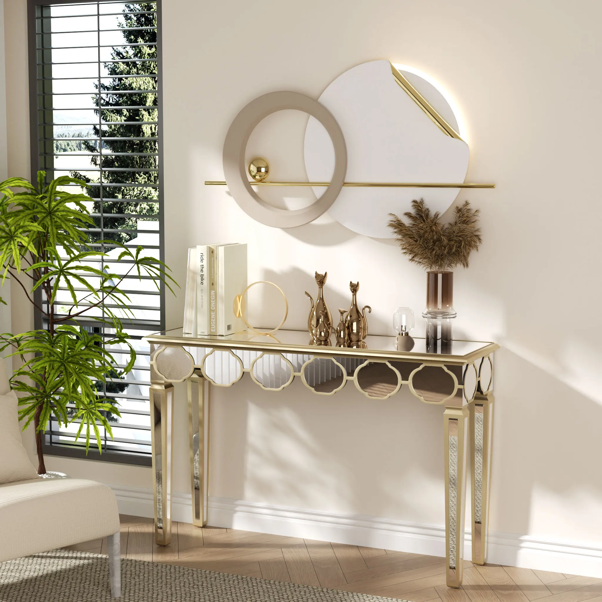 Rectangular Mirrored Console Table Mirror Entryway Table Lantern-shape Pattern with Gold Rim Modern Home Furniture 4 Legs