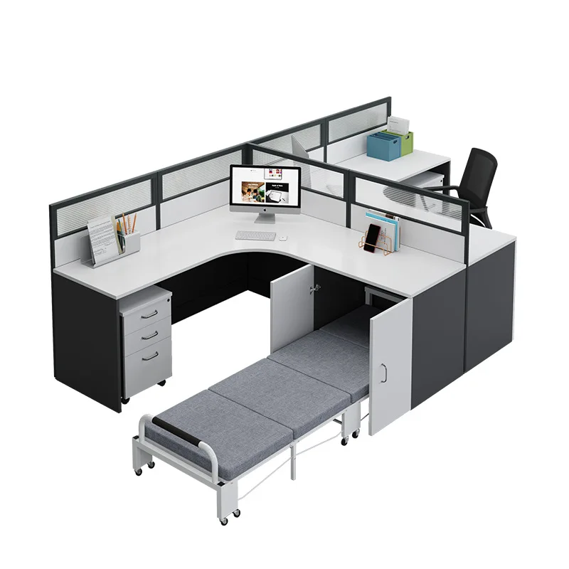 Staff desk with lunch break folding bed card holder with rest bed station black and white screen table with bed