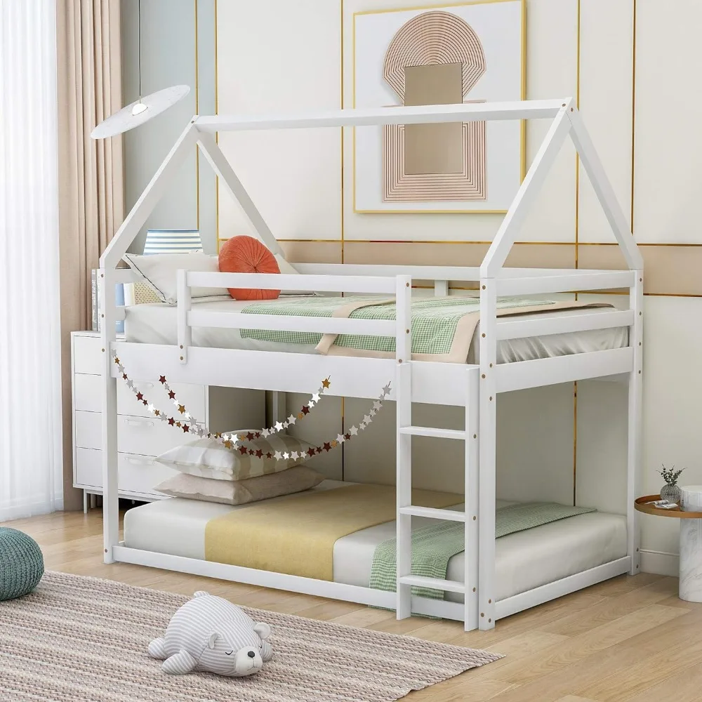 Twin Over Twin House Bunk Bed with Ladder and Saftey Guardrails, Solid Wood House Shape Floor Twin Frame,No Box Spring Needed