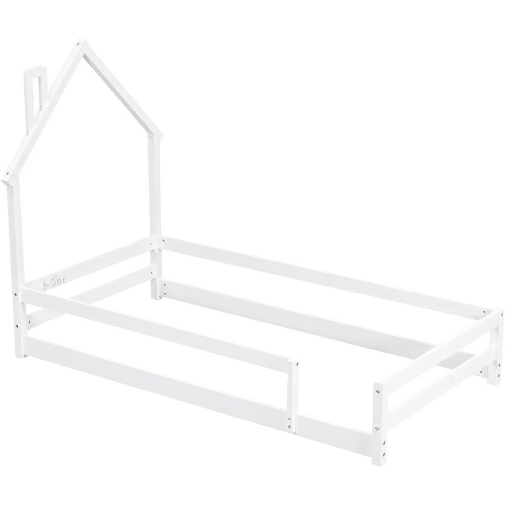 Twin Size Montessori Toddler Floor Bed Frame, Modern House-Shaped Frame Headboard Bed with Fences,Bedroom Furniture